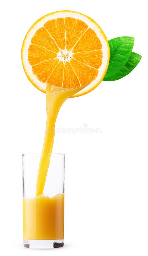 Fresh orange juice pouring in a glass from half of orange fruit