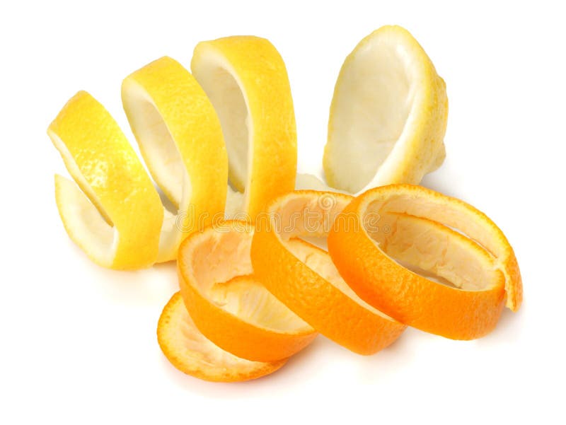 Fresh orange and lemon peels isolated on white background