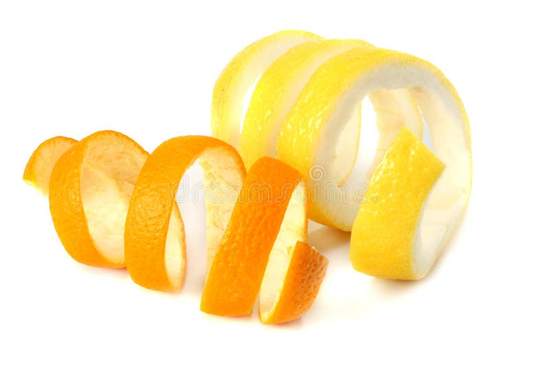 Fresh orange and lemon peels isolated on white background