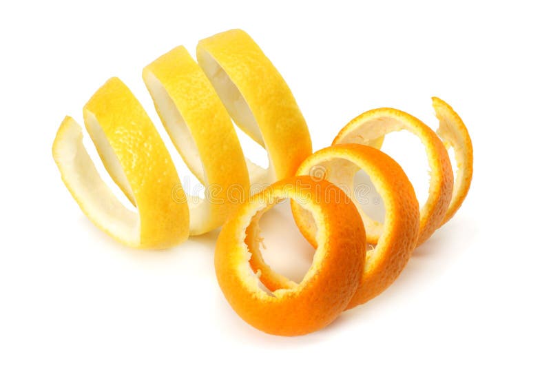 Fresh orange and lemon peels isolated on white background