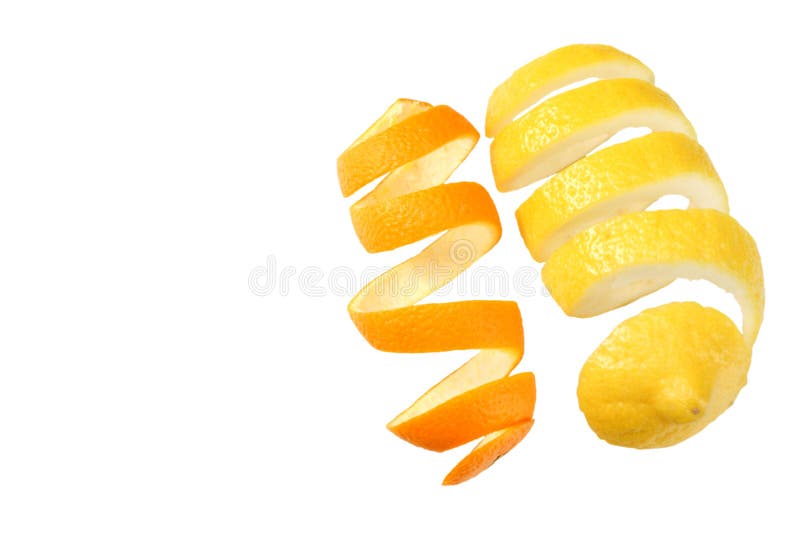Fresh orange and lemon peels isolated on white background top view