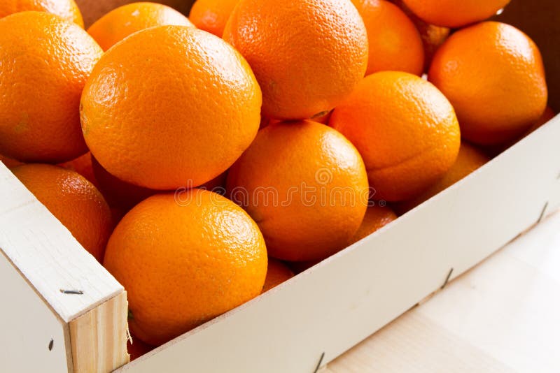 Fresh Oranges in a wooden box