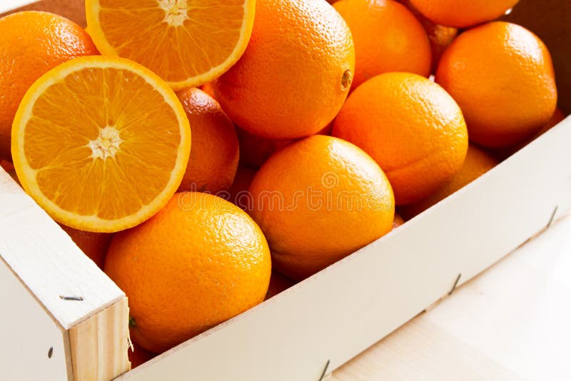 Fresh Oranges in a wooden box