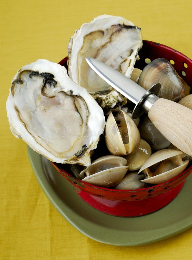 Fresh oyster with a oyster knife stock images