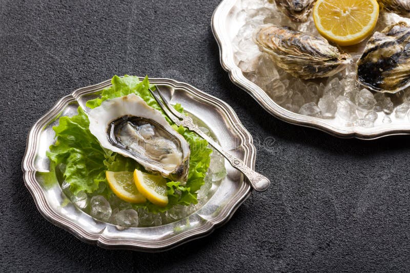 Fresh oyster on plate stock photos