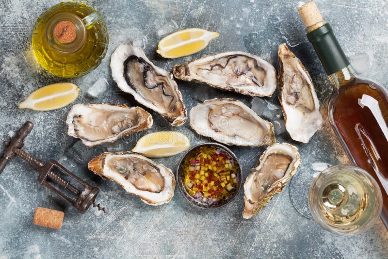 Fresh Oysters and White Wine Stock Photo Image of fresh, onion 110774944