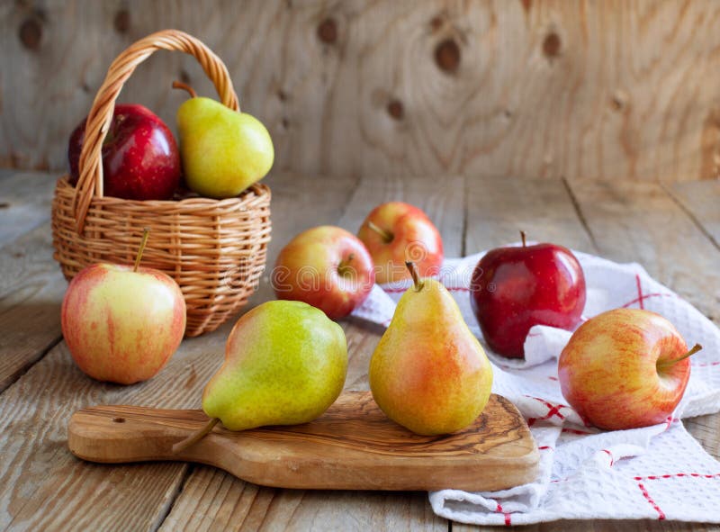 Fresh Pears and Apples on Wooden Table Stock Image Image of juicy