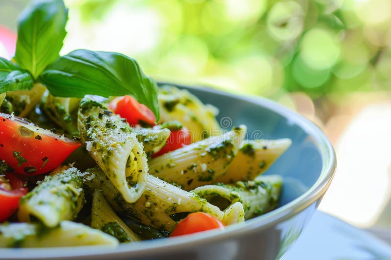 Fresh Pesto Pasta Salad with Cherry Tomatoes and Basil in Natural