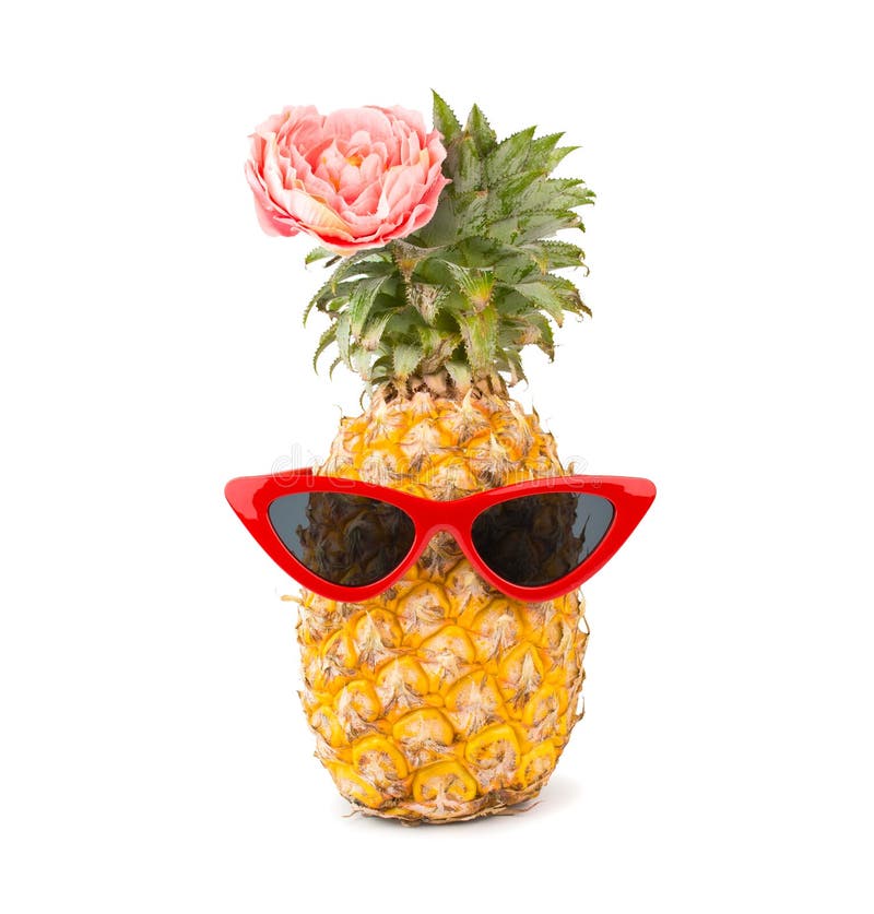 Fresh Pineapple Wearing Red Sunglasses And Flower Isolated On White