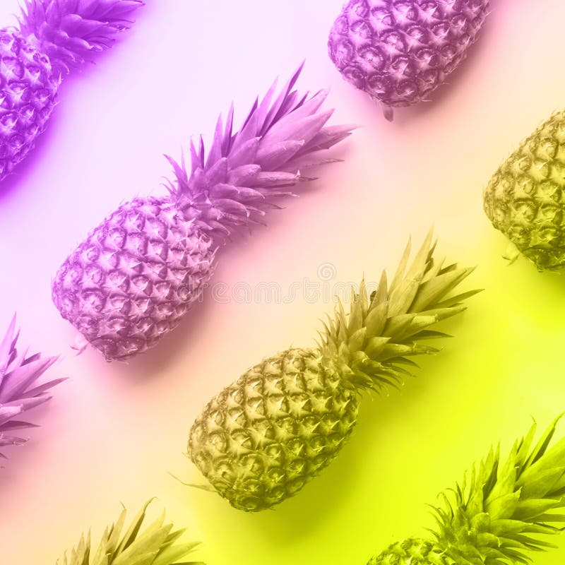 Neon Pineapple Background, Flatlay. Healthy Ftropical Fruits Diet, Vegan Food Banner, Color ...