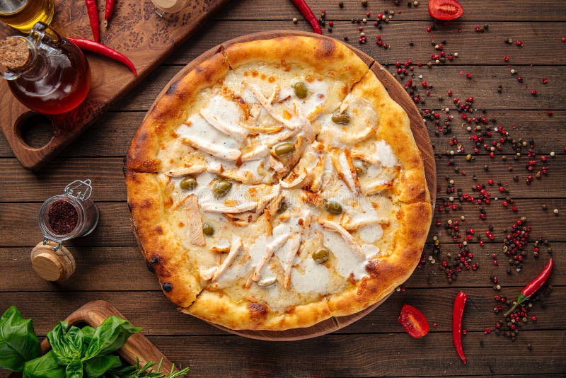 Fresh Pizza with Chicken and Sour Cream Sauce Stock Photo Image of