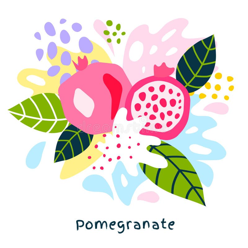 Fresh pomegranate tropical fruits juice splash organic food ripe juicy pomegranates splatter on abstract background stock illustration