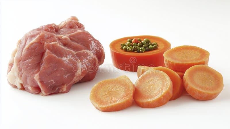 Fresh pork meat with sliced carrots and peas on a white background vector illustration