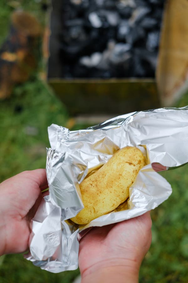 Fresh potatoes in the hands of a girl for cooking on the grill. Traditional big metal pot stock images, royalty-free photos and pictures