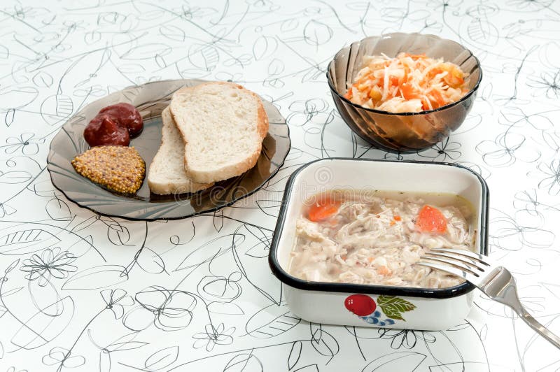 Fresh Pouring on a Light Board with Mustard, Ketchup, Bread Stock Photo