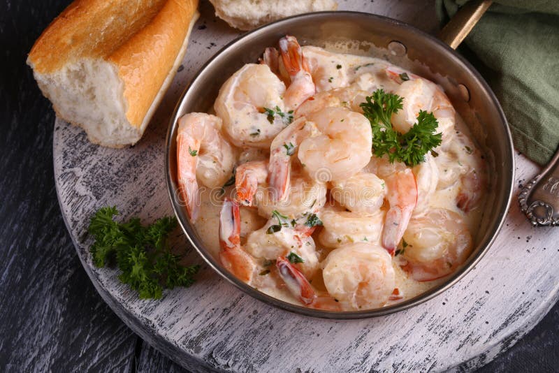 Prawns with cream sauce stock photo. Image of food, appetizer 179043362