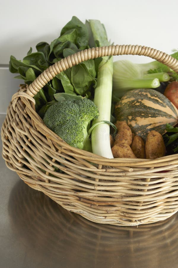 Ancora la vita di verdure in acciaio inox panchina nel cesto di vimini.