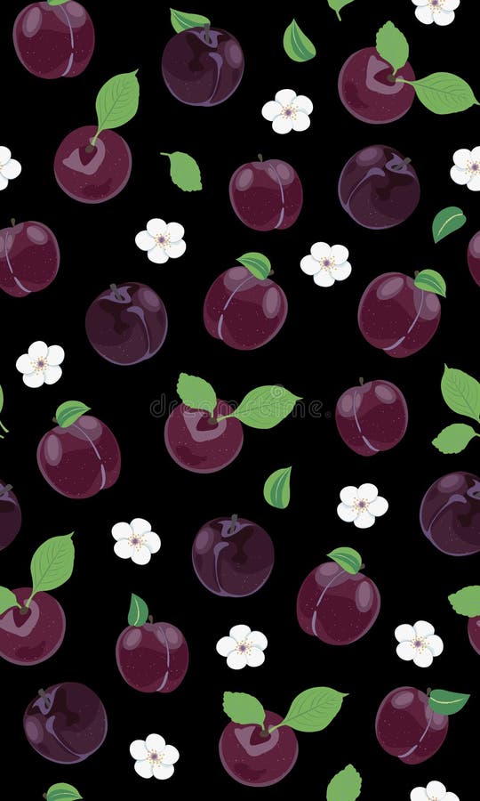 Fresh purple plum seamless pattern with white cherry blossom on black background royalty free illustration Fresh purple plum seamless pattern with white cherry blossom on black background royalty free illustration