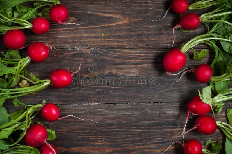 Fresh radish on old wooden table. Radish background. Rustic Style