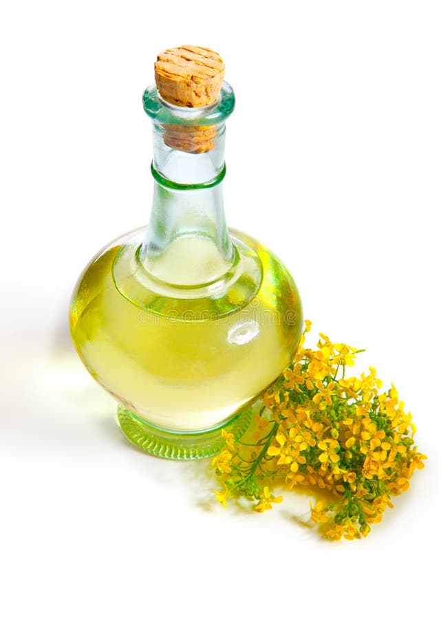 Fresh rapeseed oil in a bottle