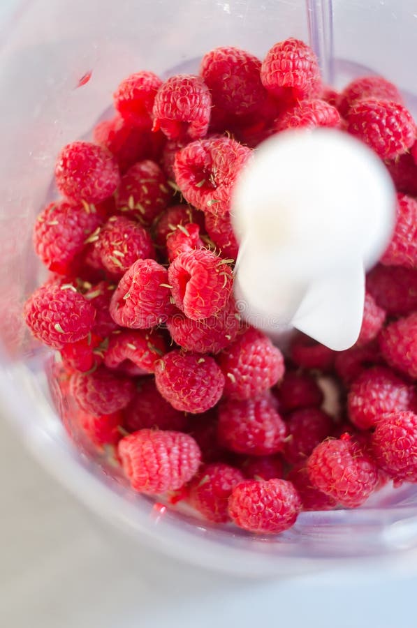 Fresh raspberries in a food processor stock photography