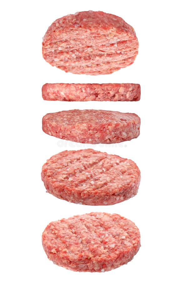 Fresh Raw Burger Patties and Falling on White Background Stock Photo