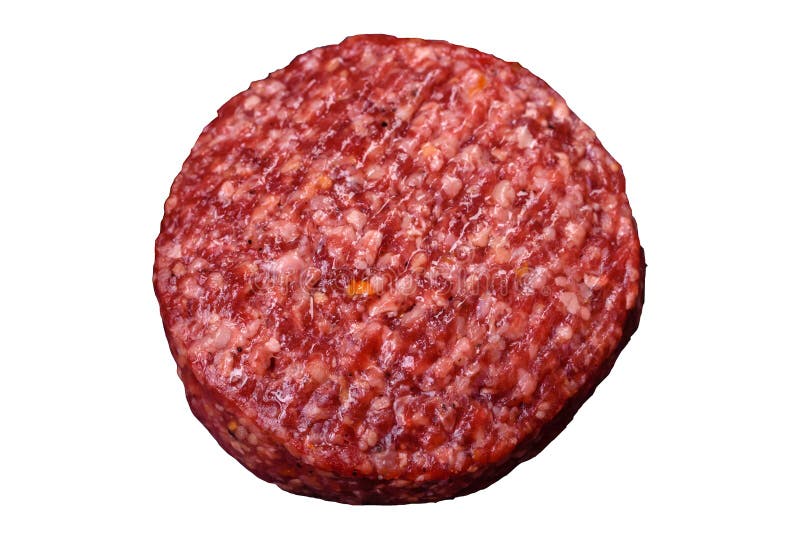 Fresh Raw Ground Beef Burger Patty with Salt and Spices Stock Photo