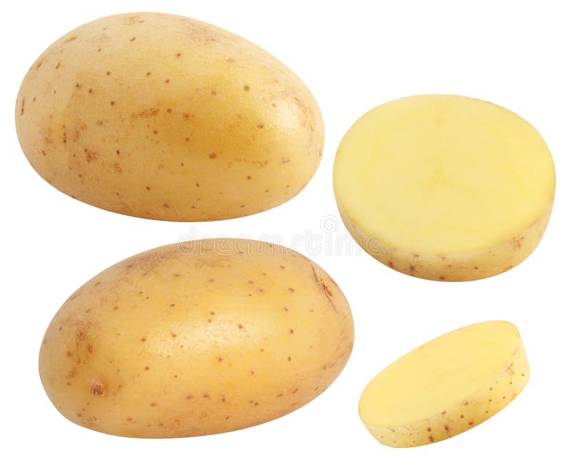 Isolated potatoes. Whole potatoe and cut isolated on white background with  clipping path Stock Photo