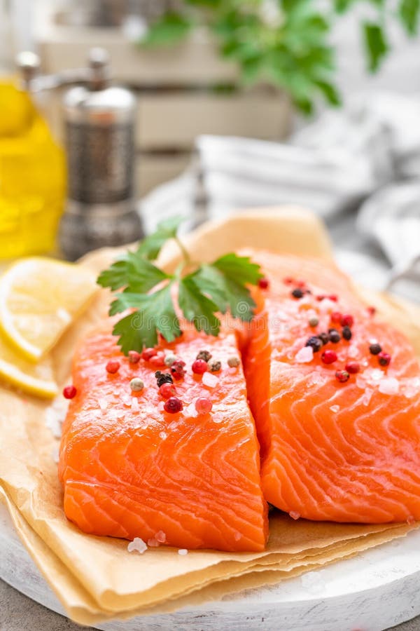 Fresh Raw Salmon Fish Fillet on White Kitchen Background Stock Image ...