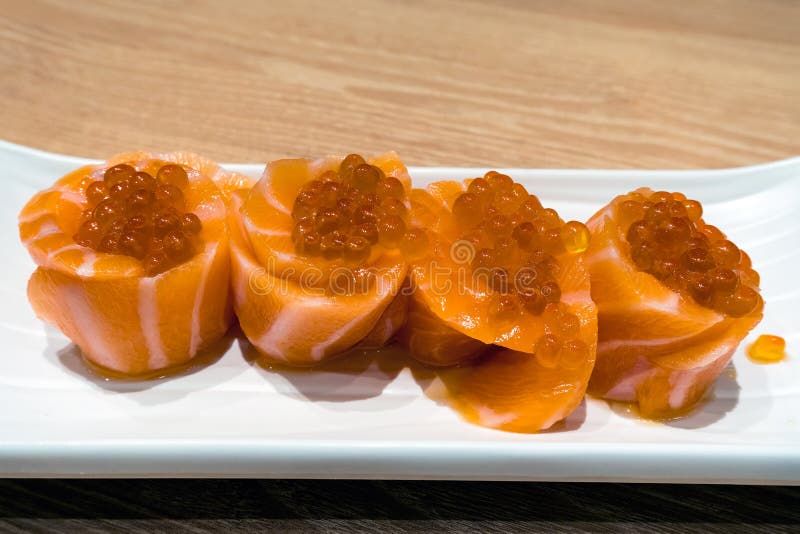 Fresh Raw Salmon Sushi with Roe Closeup Stock Photo Image of