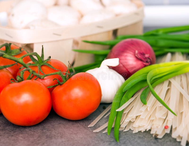 Fresh Raw Vegetables and Rice Noodles Stock Photo - Image of season