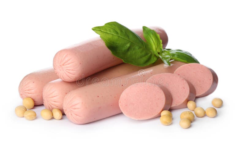 Fresh Raw Vegetarian Sausages, Basil and Soybeans on White Background