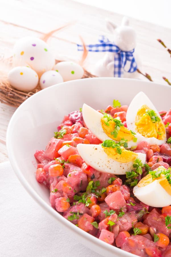 Red beet salad with egg stock photo. Image of carrots 30126506