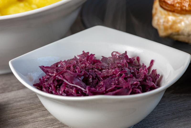Fresh Red Cabbage Salad in a White Bowl. Ready To Eat Stock Photo