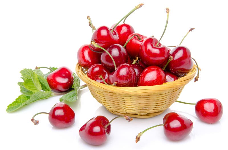 Fresh red cherries in a basket