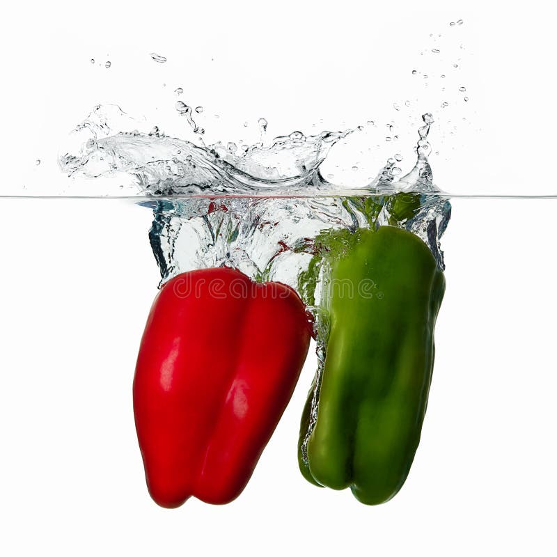 Closeup of fresh and health peppers falling into clear water with big splash on white background. Closeup of fresh and health peppers falling into clear water with big splash on white background