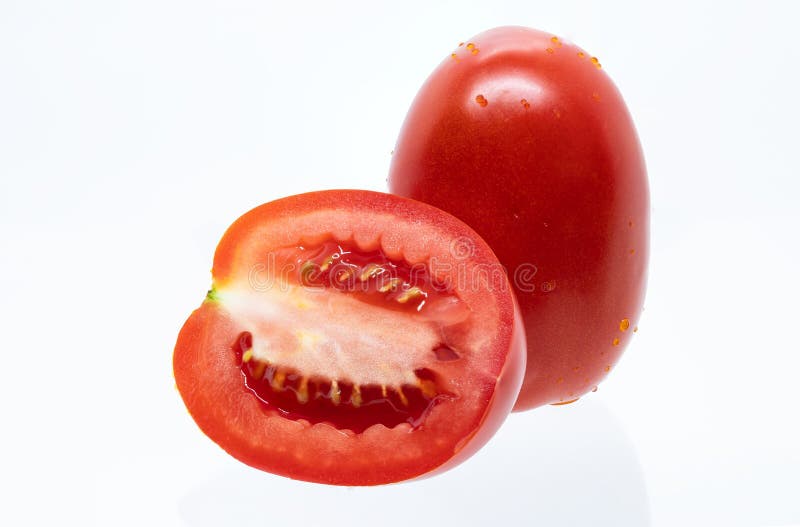 Fresh red pear tomatoes, mini tomatoes, on white background