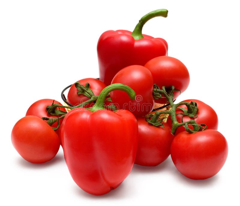 Red still life with vegetables: bell peppers and tomatoes on white. Red still life with vegetables: bell peppers and tomatoes on white.