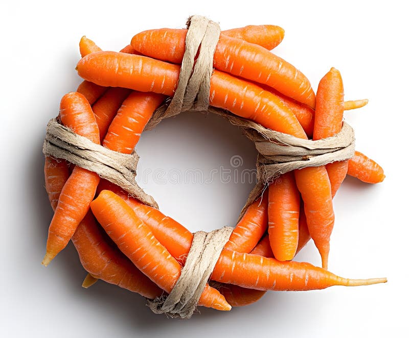 Fresh ripe carrots tied with strings into a wreath shape, isolated object stock illustration