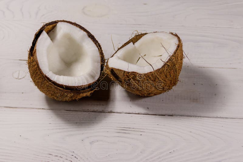 Fresh Ripe Coconut on White Wooden Table Stock Photo - Image of table ...