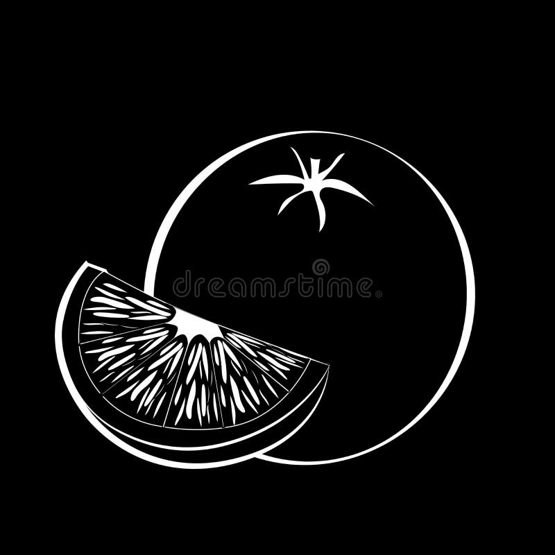 Fresh ripe orange fruit and slice with leaf. Black fruit with white stroke. Black background. Vector illustration