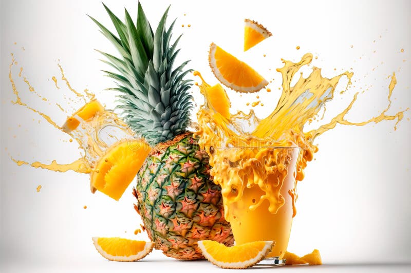 Fresh ripe pineapple splashing juice waves Generative AI vector illustration