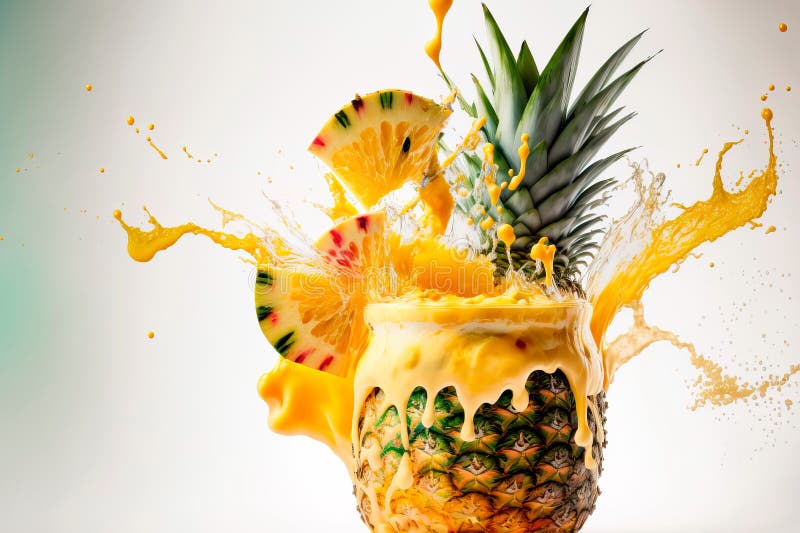 Fresh ripe pineapple splashing juice waves Generative AI vector illustration