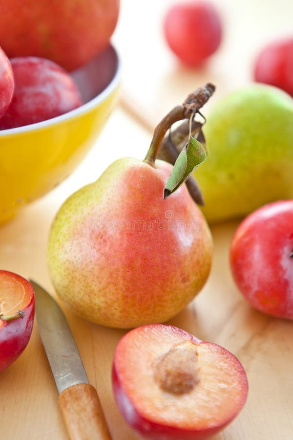 Fresh Ripe Plums, Apples and Pears Stock Image Image of table