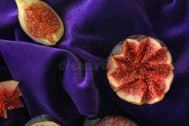 Fresh Ripe Purple Figs on Color Fabric, Top View Stock Image Image of