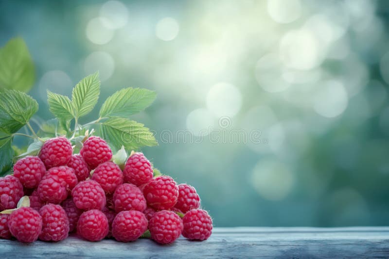 Fresh ripe raspberries on an empty table with a blurred background and copy space royalty free illustration