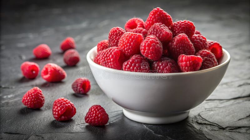 Fresh Ripe Raspberries in White Bowl on Dark Background vector illustration