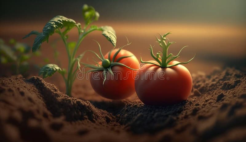 Fresh ripe red tomatoes, close-up on the plantation. Generative AI stock photography