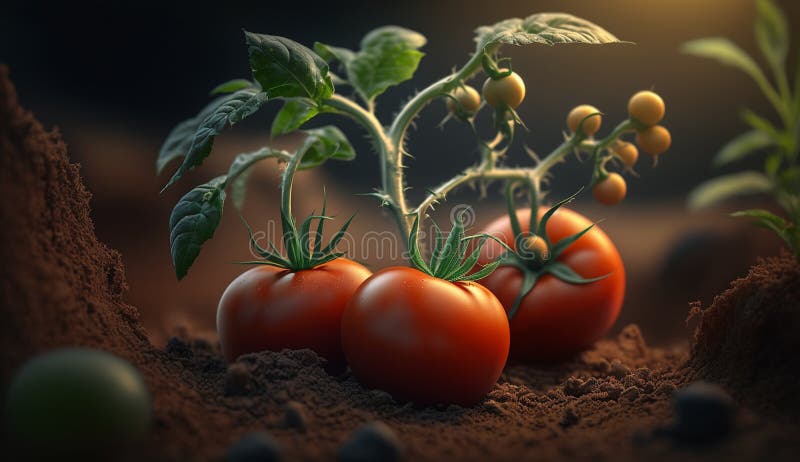 Fresh ripe red tomatoes, close-up on the plantation. Generative AI royalty free stock photography