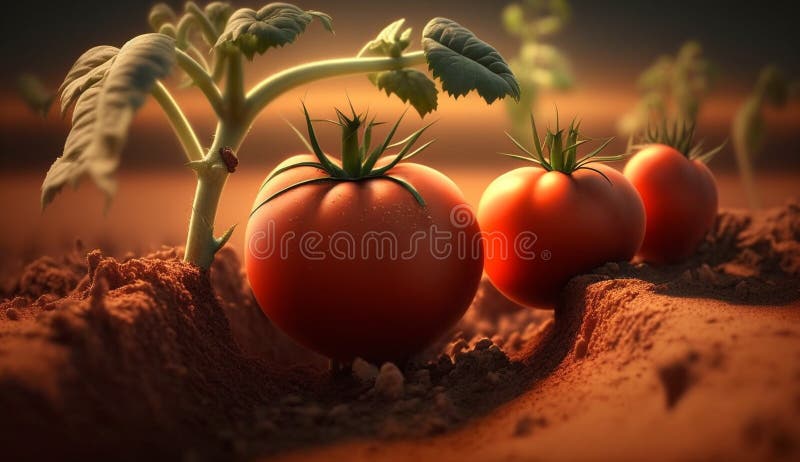Fresh ripe red tomatoes, close-up on the plantation. Generative AI royalty free stock photos